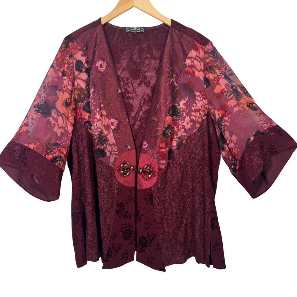 Womens‎ 1X Kimono Burgundy Floral Velvet Burnout Witchy Whimsigoth VTG Cardigan
